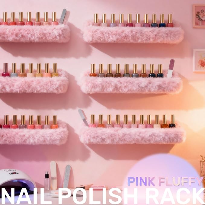Nail Polish Wall Shelf - 15-Inch Furry Plush Display & Organizer Rack, Holds 60+ Polishes, Soft Ledge for Bedroom, Bathroom, Salon - Protects Bottles from Scratches，6 Pack Pink