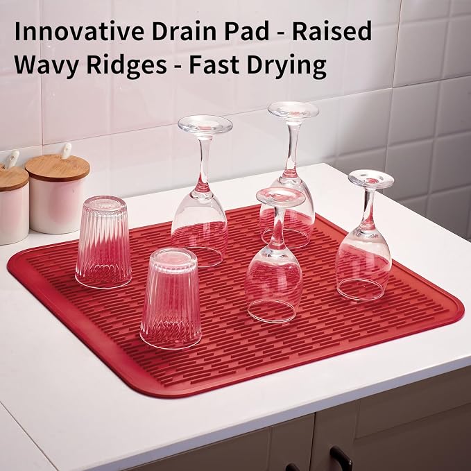 ZLR Oversized Silicone Dish Drying Mat for Kitchen, 16"x18", Lava Red | Family-Size Drainboard for Pots & Pans, Thick 4mm No-Curl, Heat-Resistant Trivet to 450°F, Non-Slip, Rolls to Store