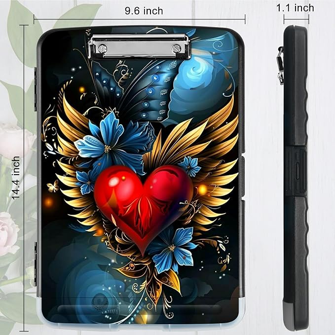 Winged Heart A4 Clipboard with Storage Pen Holder, Clipboards Organizer Nursing Clipboard Foldable File Folder Plastic Clipboard Folio Clip Board for Office Students Classroom Doctor