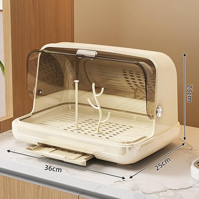 harayaa Rack Rack with Cover Storage Box Organizer Portable PET Material Dustproof Dish Drainer Easy to Clean for Nursery Suitable, Light Khaki Medium
