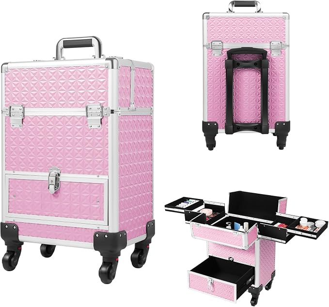 13.3*9.7*21.5in Rolling Nail Case Wheeled Manicure Storage Case Polish Organizer 44.09lbs Professional Makeup Trolley for Studio or Travelling Nail Technician Artists Cosmetologist Stylist (Pink)