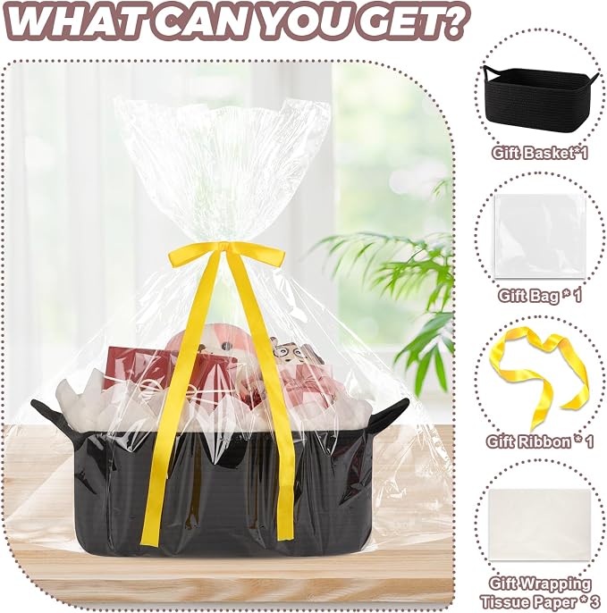 OIASKET Gift Basket Empty with Handle, Small Woven Baskets for Gifts Empty | 13.6"x10"x5.9", Baby Shower Toy Storage Baskets, Dog Toy Storage for Organizing, with Gift Bag Ribbon Tissue Paper