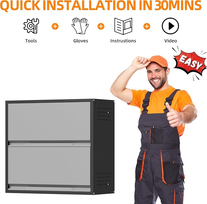 Garage Wall Cabinet, 25.6" H Metal Wall Cabinet with 2 Up-Flip Door | Wall Mounted Metal Storage Cabinet, Upper Cabinet for Kitchen,Garage,Workshop,Warehouse, Assembly Required, Gray