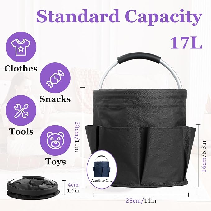 17L Bucket Tool Organizer with 6 Side Pockets, 2Pcs Collapsible Cleaning Caddy with Handle, Folding Gardening Tool Bag, Multifunctional Storage Basket for Garden, Bathroom, Black + Navy Blue