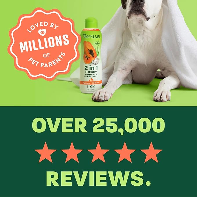 TropiClean 2-in-1 Dog Shampoo and Conditioner, Long Lasting Papaya Scent, Moisturizing Dog Detangler, Puppy & Kitten Safe, Made in the USA, 20oz.
