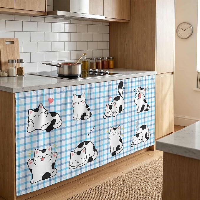 Cute Cat Cabinet Curtain 32"Wx55"L, Dustproof Pantry Door Curtain with Self Adhesive Tape, Modern Playful Pet Cats Blue Purple Plaid Tall Storage Cover Privacy Drape for Bathroom Kitchen Laundry Room