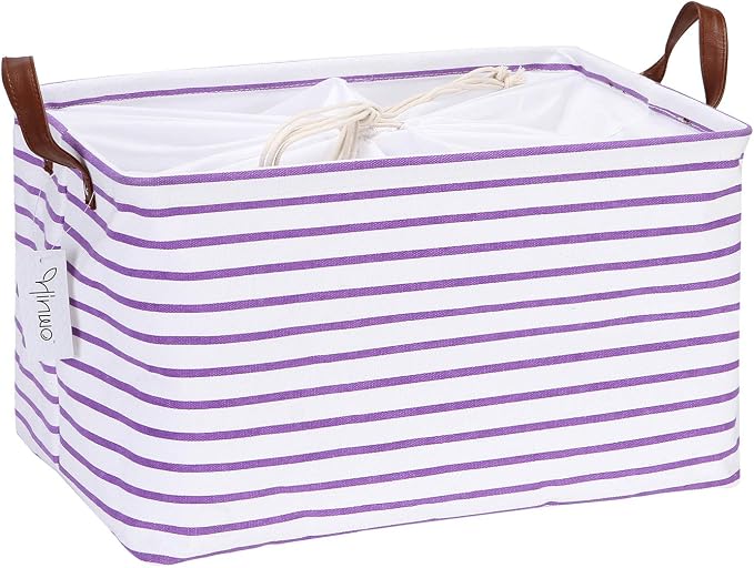 Hinwo 31L Large Canvas Storage Bin with Lid and Handles | Collapsible Fabric Basket, Closet Shelf Organizer, Container for Clothing, Blankets, Toys, Bedding (Purple Stripe)