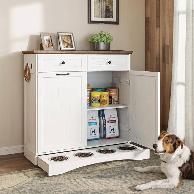 Double Tilt Out Trash Can Cabinet with Dog Bowl, 10 Gallons Dog Food Storage Cabinet, Hidden Trash Can Cabinet with Hideaway Drawer for Kitchen, Living Room (White Grain, Double Door)