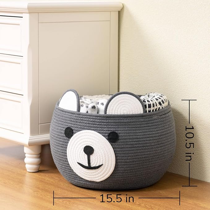CherryNow Large Baby Basket for Gifts Empty, Cute Bear Design, Grey | 15.7" x 10.5" Baby Shower Basket With Handles, Cotton Rope Basket for Toys Diaper Caddys Storage, Fits Living Room Nursery