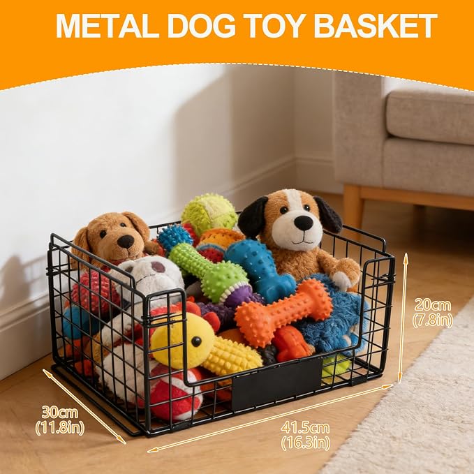 Metal Dog Toy Basket with Handles, Chew-Proof Large Pet Toy Storage Bin, Foldable Dogs Organizer Box for Living Room, Personalized Rustic Toy Holder (Black)