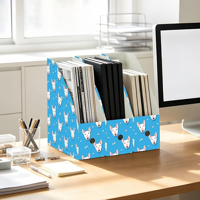 SPRIPORT Cute Pets Dog Blue Print Water Resistant PP Magazine File Holder Organizer for Desk, Collapsible Storage Rack for School Office Library Document Sorter with Labels 23x30x10cm (3 Pack)