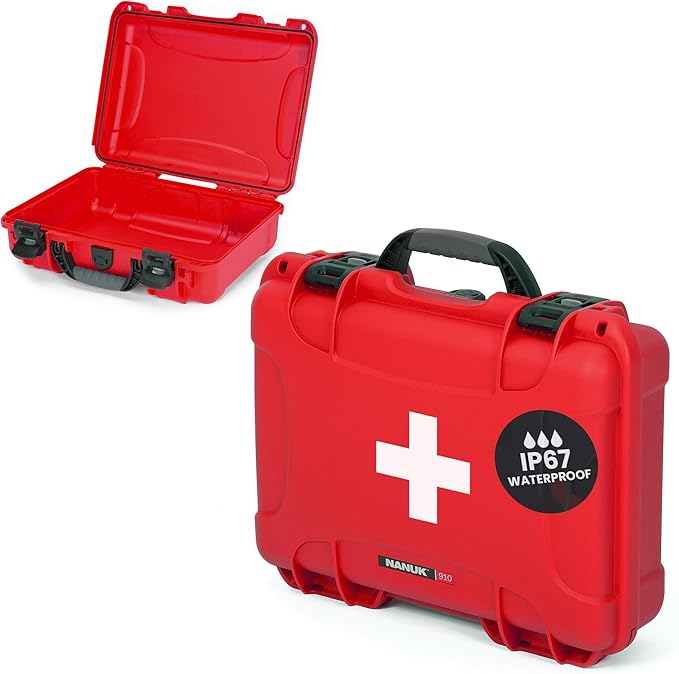 NANUK 910 Waterproof First Aid Box Empty – Durable, Medical First Aid Organizer Case, IP67-Rated, Dustproof, Impact-Resistant, and Floats (13.2" x 9.2" x 4.1") – Red