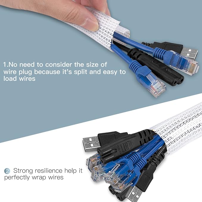 AGPTEK Cable Sleeve, 10ft - 1.5 inch Cable Management Cord Hider, White | Desk Cord Cover Organizer Wire Hider for Office Computer TV Wire Loom Tubing Pet-Proof Cord Protector from Cat Dog Chewing