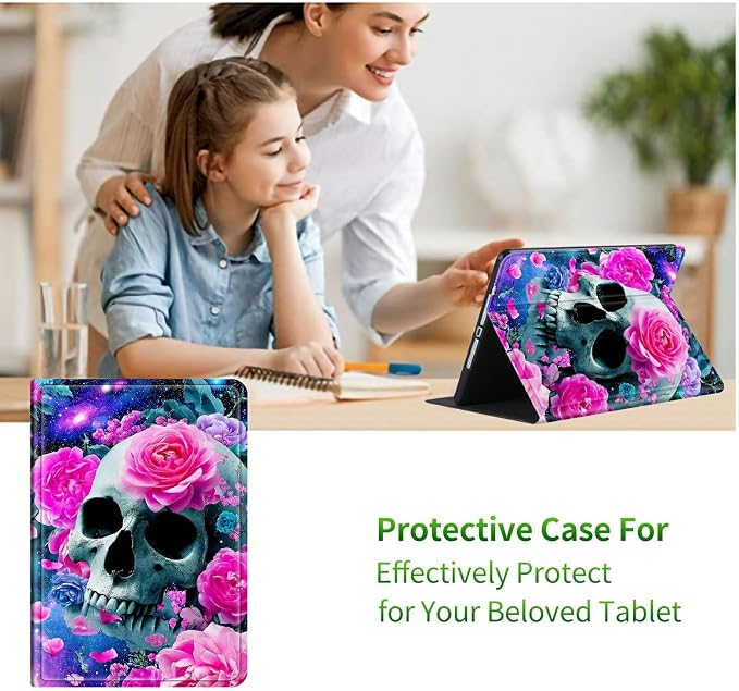 for Samsung Galaxy Tab A9 8.7 Inch 2023 (SM-X110/X115/X117) Case | Slim Leather Smart Cover with Multi-Angle Anti-Slip Stand [Auto Wake/Sleep] Shell for Women Men - Rose Pink Skull