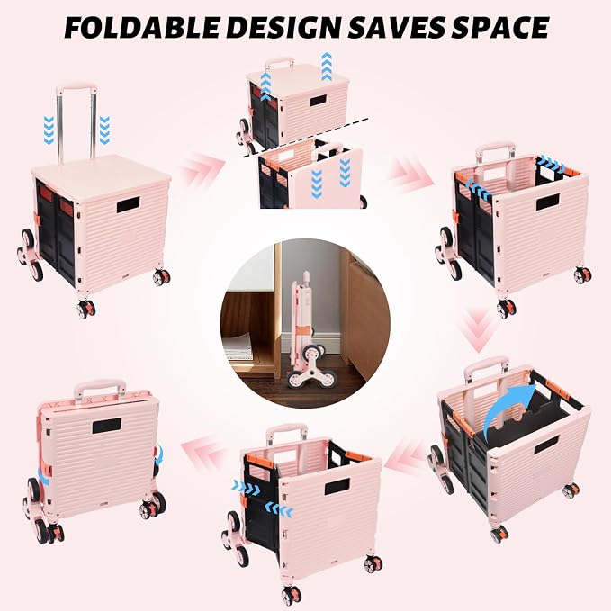 FELICON SELORSS Folding Utility Climber Cart Portable Rolling Crate-Pink | Stair Climbing Wheels+360°Swivel Wheels,Telescoping Handle,Plastic Box Dolly for Travel Shop Move Laundry Office Teacher Use