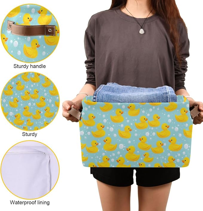 Yellow Duck Cute Storage Basket Fabric Bathroom Baskets Blue Bath Bubble Open Home Storage Bins Boxes Foldable Organizer Bag for Baby Cloth Pet Toy Book Shelf Closet Baskets 16×12×8 Inches 2 Pack