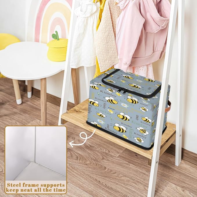 Personalized Kids Toy Box with Name, Custom Cartoon Bee with Daisy Floral SteelBlue Nursery Baskets Cubes Box with Zipper Lid, Custom Storage Basket Laundry Baskets Organizer with Handles