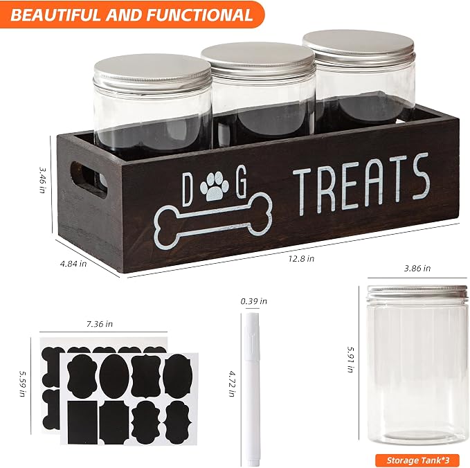 Dog Treat Container Wood Cat Treat Holder for Counter Cat Treat Organizer Dog Food Storage Organizer with 3 Dog Cookie Jars Farmhouse Decor Box Brown