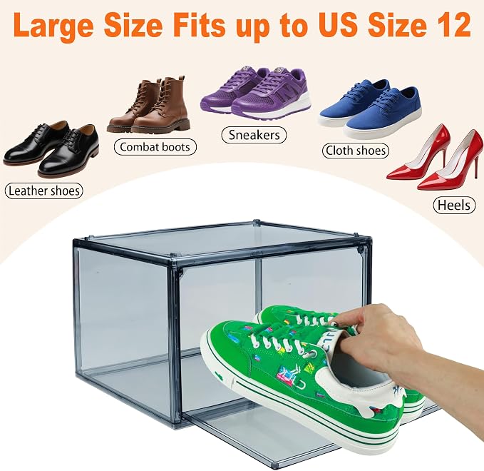 1 Pack Acrylic Grey Shoe Boxes for Flat,Loafer &Small Space, Fit Size 13 | Magnetic Side Door, Space-saving Clear Shoe Storage Boxes, Acrylic Display Case, Shoe Containers for Entryway & Sneaker