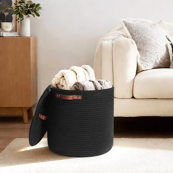 Storage Basket with Lid, 15"x13" Round Woven Blanket Storage for Living Room, Decorative Cotton Rope Hamper with Zipper Top, Black Laundry Basket with Lid, Floor Covered Kids Dog Toy Bin Box