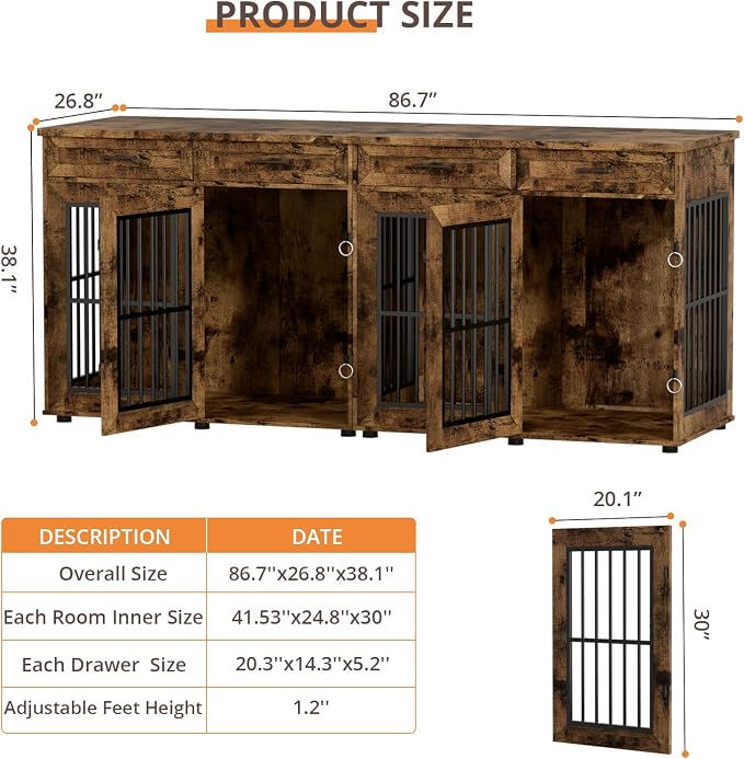 VOWNER 87" Dog Crate Furniture for 2 Dogs, Double Dog Cage Furniture, Brown | Extra Large Wooden Dog Kennel with 4 Drawer, Removable Divider, Furniture-Style TV Stand, XXL Dog Crate for Large Medium Dogs