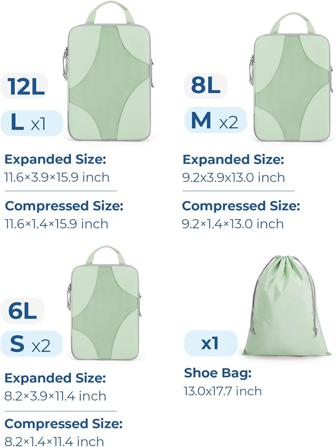 Bagsmart Compression Packing Cubes, Travel Bag Cruise Ship Essentials | Lightweight, Compressible Suitcase Organizer Set fit Standard Carry-On & Checked Luggage, 6 Set, 14 Set Washable Packing Bags