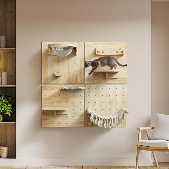 Ardilla & Co. Cat Wall Furniture – Wall-Mounted Modular Wooden Boards with 7 Moveable Accessories, Cat Wall Shelves, Hammock, Climber Steps, Perches, Walkways, Toy & Acrylic Bowl!