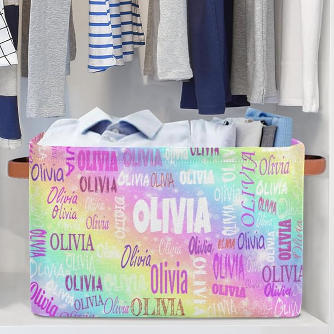 Personalized Kids Storage Basket with Name, Colorful Rainbow Color | Organizing Boys Girls Pets Toys Closet Shelf Clothes Books