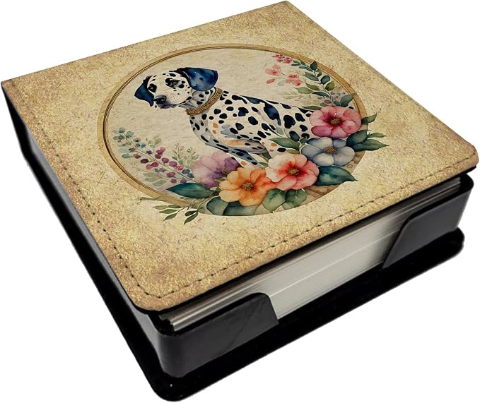 Caroline's Treasures Dalmatian and Flowers PU Leather Note Paper Holder with Artist-Designed Cover, Desk Accessory, Office Gift