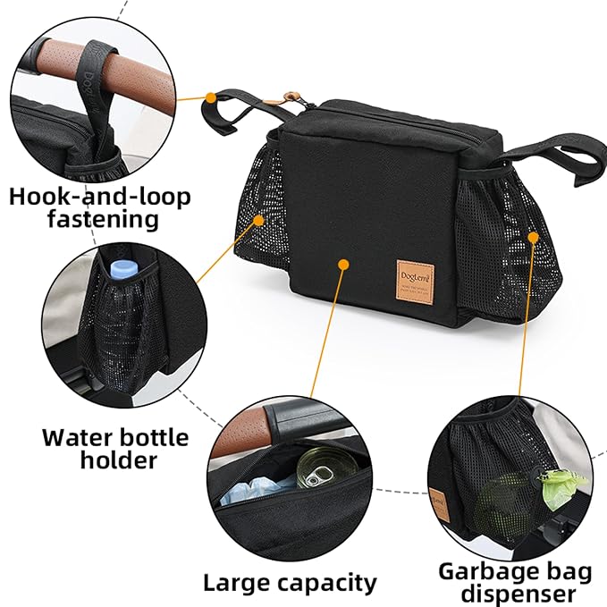 Dog Stroller Caddy Organizer Bag, Pet Stroller Caddy Handle Bag with Poop Bag Dispenser, Treat Pocket, Water Bowl, Large Non Slip Zipper Stroller Pouch for Dog Mom Walk,Travel,Indoor,Outdoor (Black)