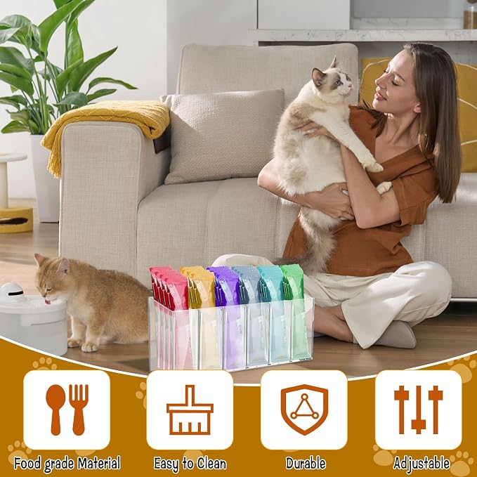 2 Pack Lickable Cat Treats Organizer, Wall Mount Acrylic Squeeze Up Cat Food Storage Container with Adhesive Stickers Lickable Wet Cat Treats Storage Holder for Kitchen Cabinet Pantry Shelf