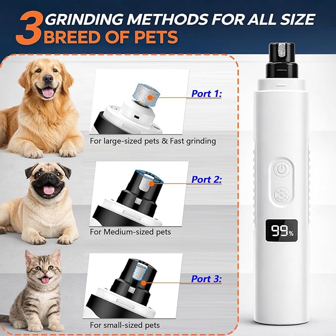 Ultra Quiet Dog Nail Grinder with LED Light, Cats & Dog Nail Trimmers, Anti-slip Dog Nail Clippers, High Speed Grinder for Cats, Small Medium Large Dogs, 3-Speed Adjustable, Replacement Grinding Heads