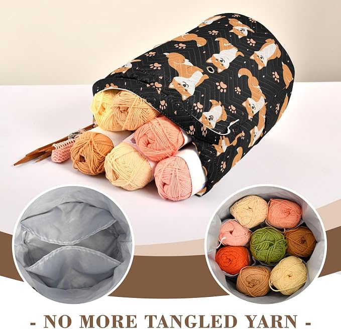 Fustylead Cute Cartoon Shiba Inu and Paw Prints Large Crochet Organizer, Durable Polyester Drawstring Basket Yarn Storage Bag for Crochet Hooks, Knitting Needles, Project and Sewing Supplies