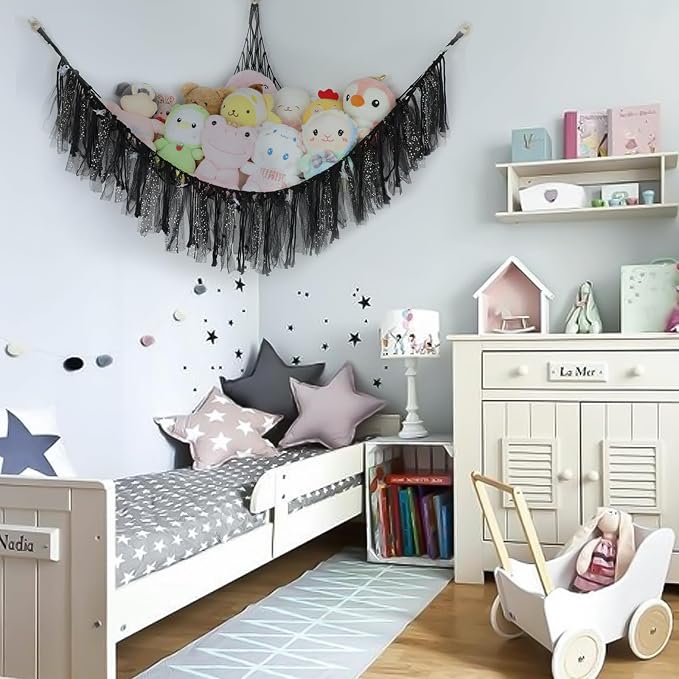 Stuffed Animal Hammock with LED Lights - 59 Inch Large Toy Storage Net for Kids Bedroom, Wall-Mounted Plush Organizer with Wooden Rings, Nursery Decor (Handwoven, Black)