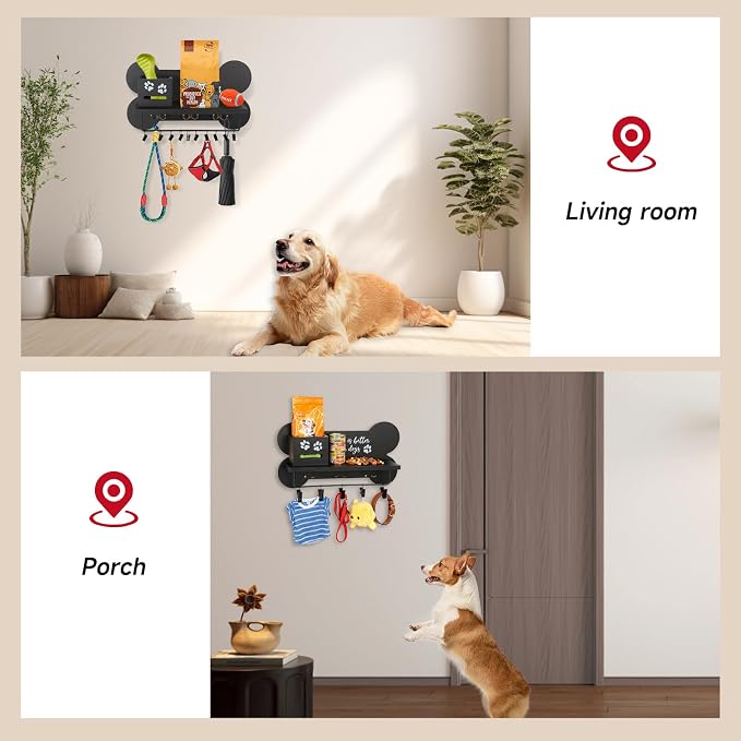 Wood Dog Leash Holder for Wall, Black Bone Hook for Entryway | 3 double hanging points, 11 mini clips, built-in pet waste bag cavity, quick wall installation