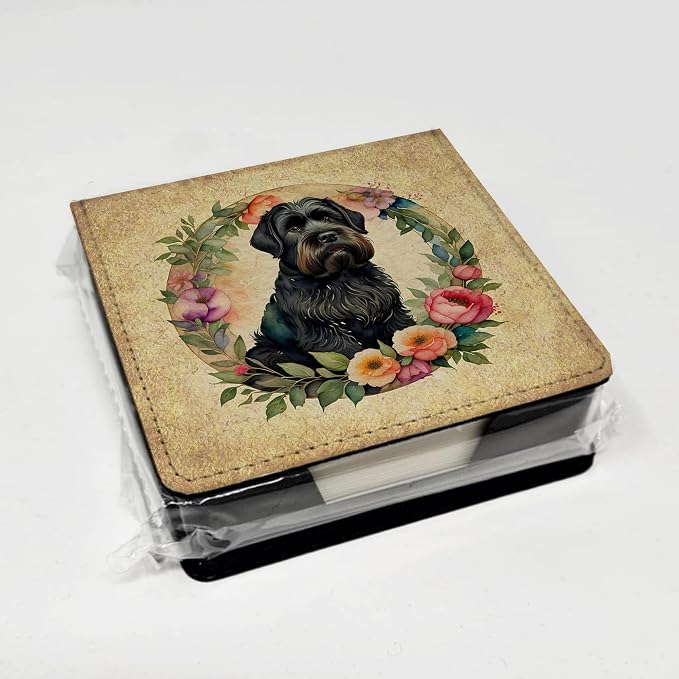 Caroline's Treasures Black Russian Terrier and Flowers PU Leather Note Paper Holder with Artist-Designed Cover, Desk Accessory, Office Gift