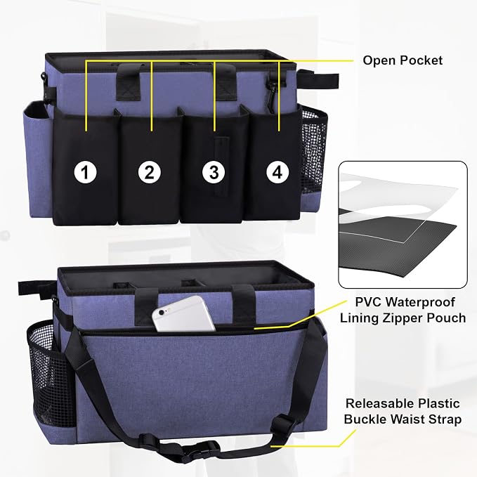 Wearable Large Cleaning Caddy Bag for Housekeepers (Purple) | Cleaning Supplies Organizer with Adjustable Shoulder, Waist & Handle Straps, Detailing Bag for Kitchen Supplies