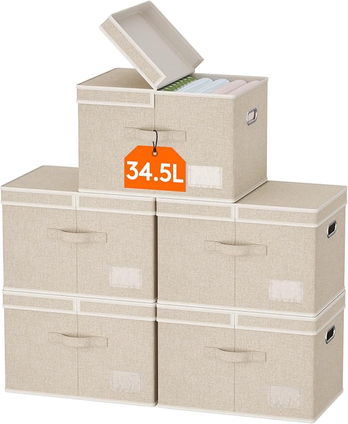 Lifewit Fabric Foldable Storage Bins with Lids and Handles,34.5L,5 Pack