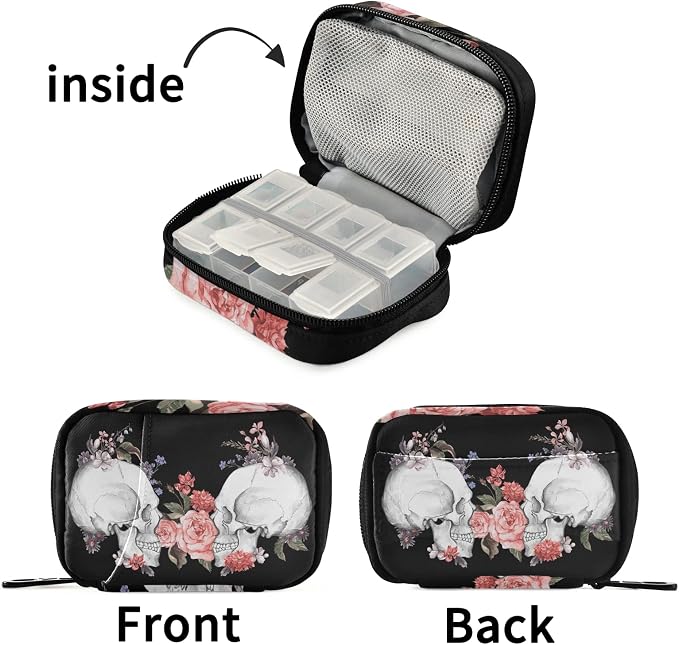 Watercolor Rose Skull Pill Box 7 Day Pill Case Travel Pill Organizer Bag with Zipper Portable Weekly Case Compact Size for Vitamin Supplement Holder