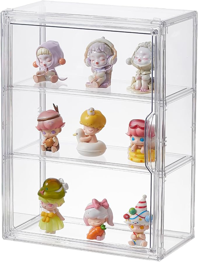 3 Tiers Clear Display Case, Plastic Storage Bins with 2 Adjustable Divider and Magnetic Door,Stackable Display Box for Figures Showcase (1pack)