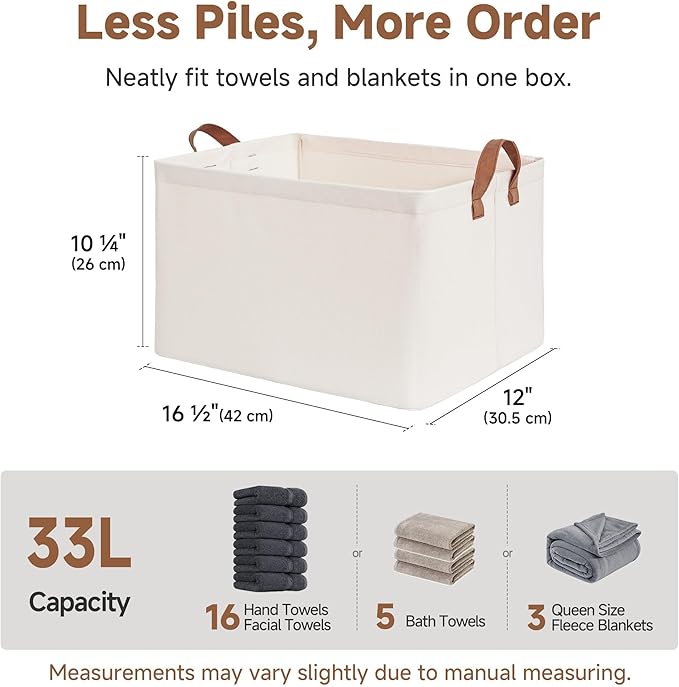 StorageWorks Storage Basket for Shelves, Storage Bins, Natural, 2-Pack | Large, With Reinforced PU Handles, Metal Frame, Sturdy Structure, Collapsible, Holds Clothes, Towels, Blankets