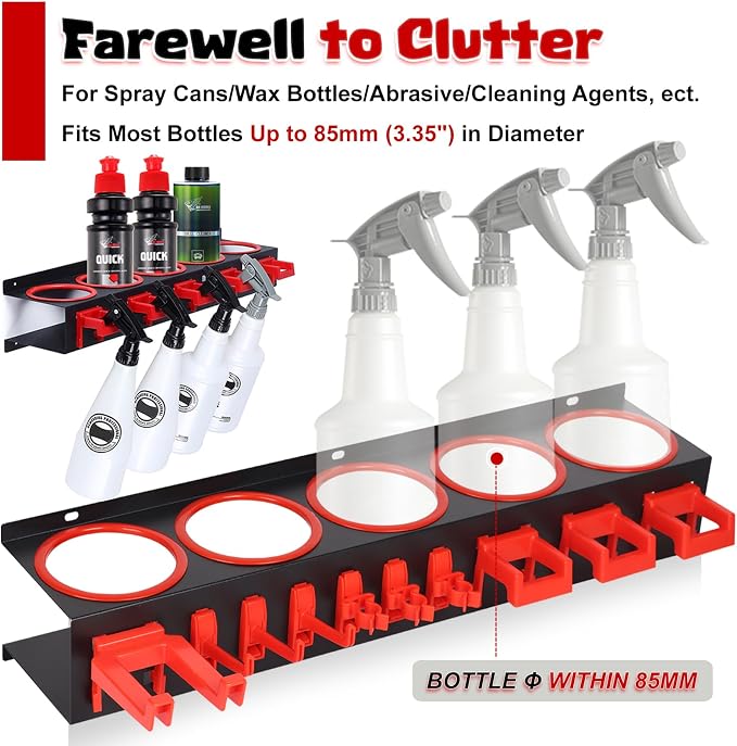 Spray Bottle Holder Wall Mount, 22Pcs Car Detailing Bottle Holder Rack Set | Heavy-Duty Detailing Organizer with Clips Hooks Brushes, Garage Van Workshop Steel Rack for Aerosol Cans, Van, Workshop Tool