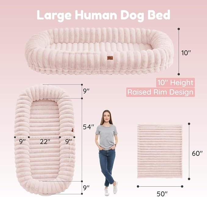 ChiXnuggle Orthopedic Human Dog Bed,Striped Faux Fur Washable Cover,Blanket | pink,72*40*10,giant dog bed for adult or extra large dogs,egg crate foam,non-slip bottom