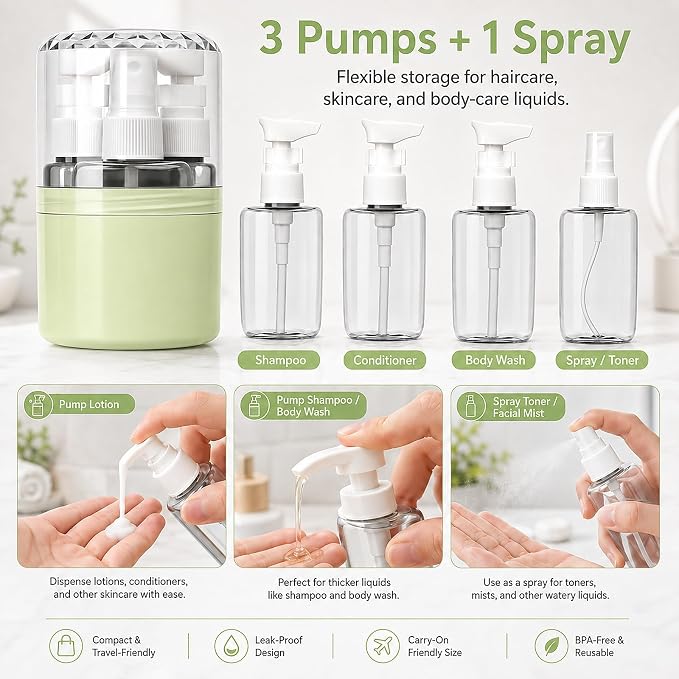 4-in-1 Travel Dispenser with 4 x 50 mL Bottles, Green | 4 refillable 50 mL bottles, pump and spray tops, included label stickers, compact design for toiletries, travel, gym
