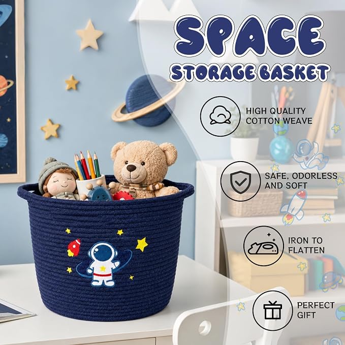 Laundry Basket Astronaut Space, 11"x13" Cotton Rope Woven Laundry Hamper, Cute Kids Storage Basket for Toy Storage Stuffed Animal Storage, Blanket Basket for Nursery Bedroom