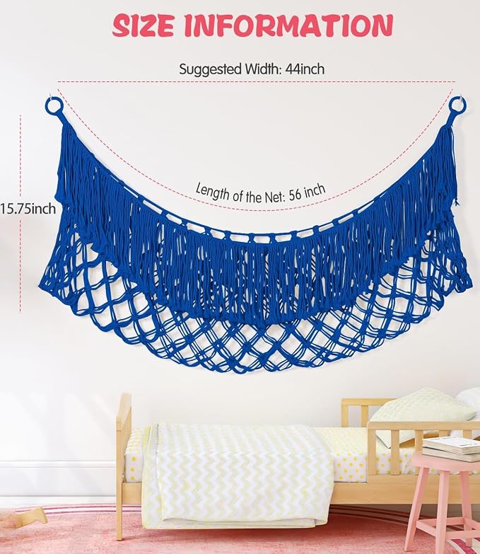 Stuffed Animal Hammock - Extra Large 56'' Long (Sapphire blue) | Premium Cotton Hand-knitted, Beautiful Long Tassel, Storage Hanging Organizer, Can Fit Stuffed Animals 30 Piece or More