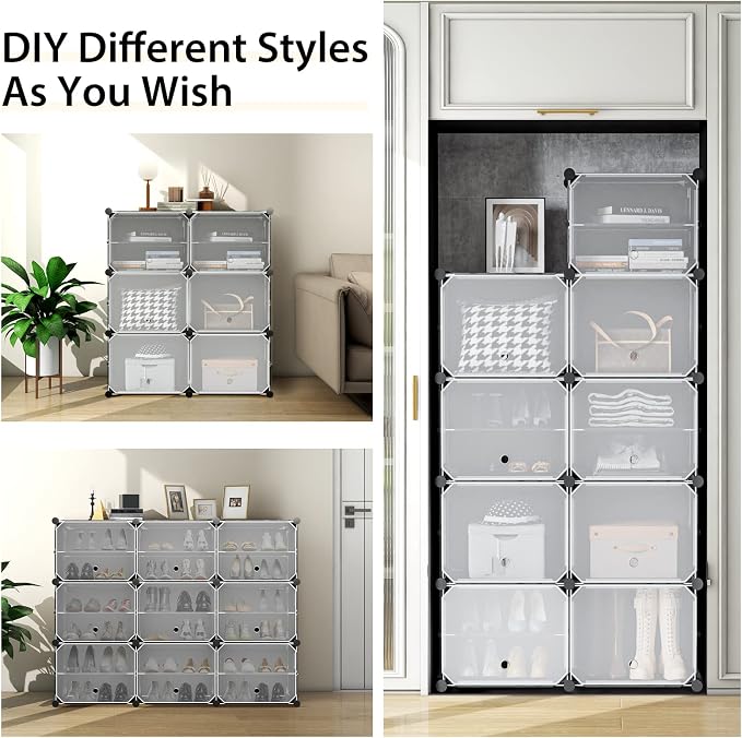 GOFLAME Portable Shoe Rack Organizer, 48 Pairs Expandable Modular Shoe Storage Cabinet with Doors, Adjustable Panels, 8-Tier DIY Shoe Shelves for Closet, Hallway, Entryway, Easy Assembly, Black