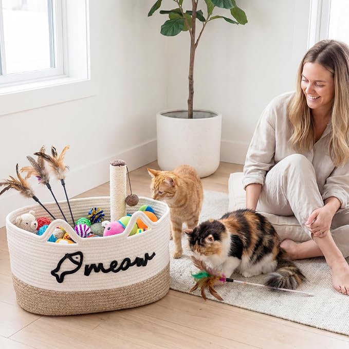 Cat Toy Basket with Cat Ear Handles, 19.5 x 11 x 9 in Woven Cats Toy Bin, Large Two-tone Cotton Rope Storage Box, Meow Words Organizer for Toys, Blankets, Home Decor (White, Linen)