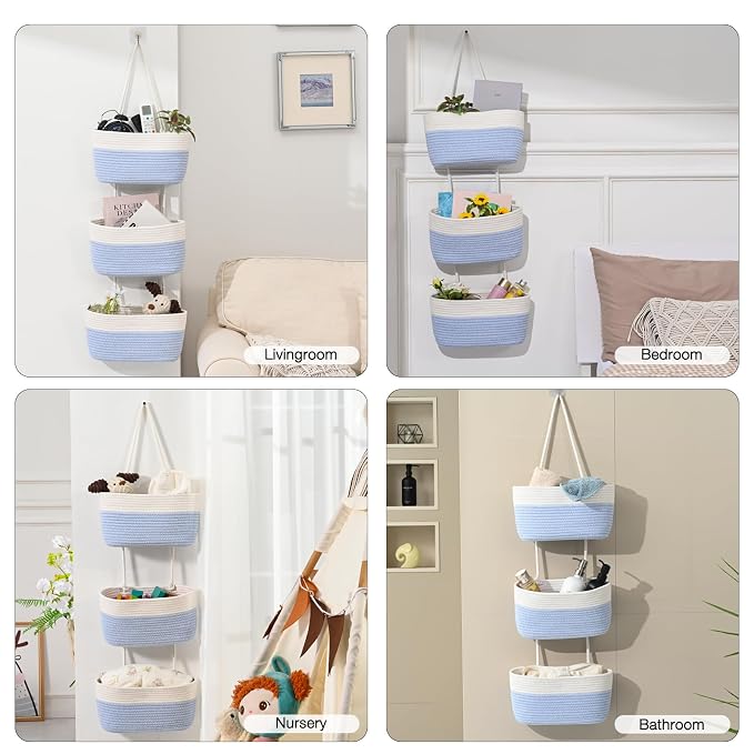 ICERZCZ Hanging Baskets for Organizing, Over the Door Decorative Storage Organizer, Nursery Decor Organization, 3-Tier Wall Basket for Entryway Playroom Bathroom Closet, Light Blue & Off White