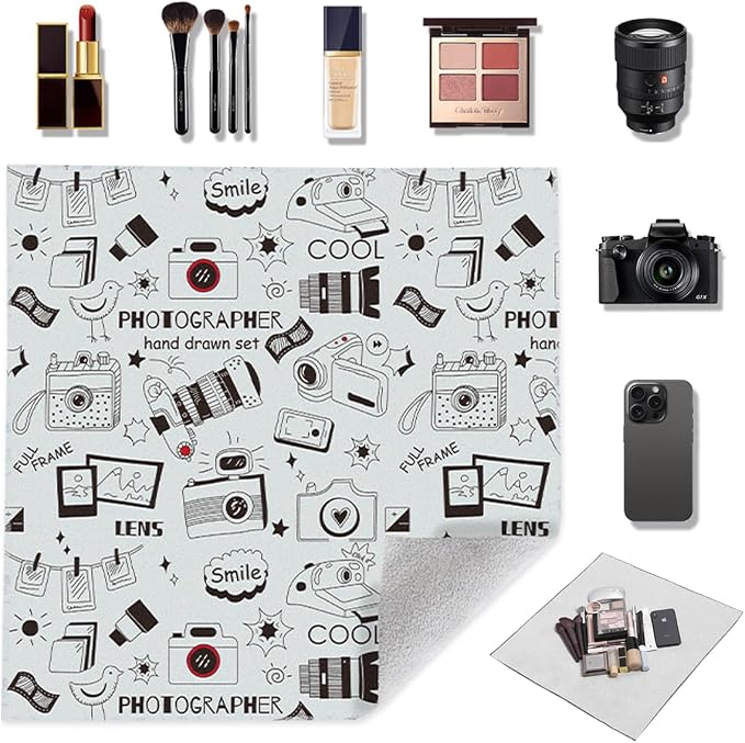 Self-Adhesive Magic Cloth Makeup Bag, Multi-Functional Cosmetic Bag, Portable Make up Wrap for Travel, Open Lay Flat Cosmetic Pouch Storage Organizer for Skincare & Makeup Accessorie (Camera, 55*55cm)
